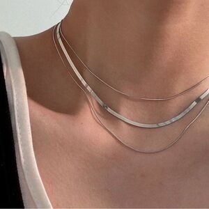 Silver Stainless Steel Snake & Herringbone Layered Necklace